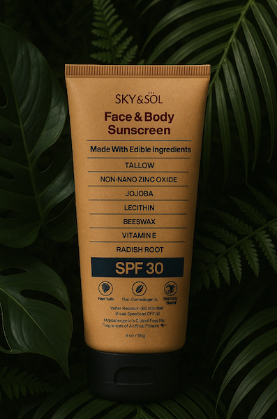 Sky and Sol tallow sunscreen SPF 30 with non-nano zinc oxide for reef-safe, non-toxic sun protection and clean skincare