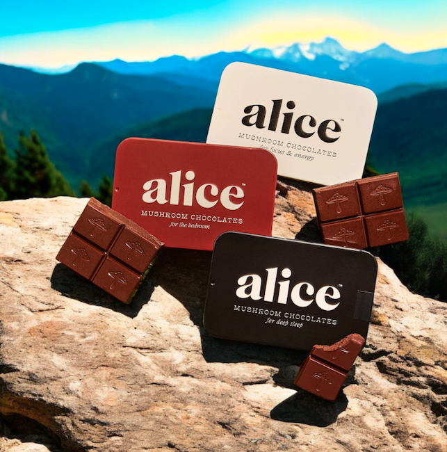 Alice Mushroom Chocolates tins for focus and energy, the bedroom, and deep sleep, lined up on a mountain overlook