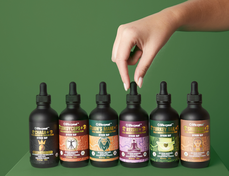 Life Cykel mushroom tinctures lineup: Lion's Mane, Reishi, Cordyceps, and Turkey Tail