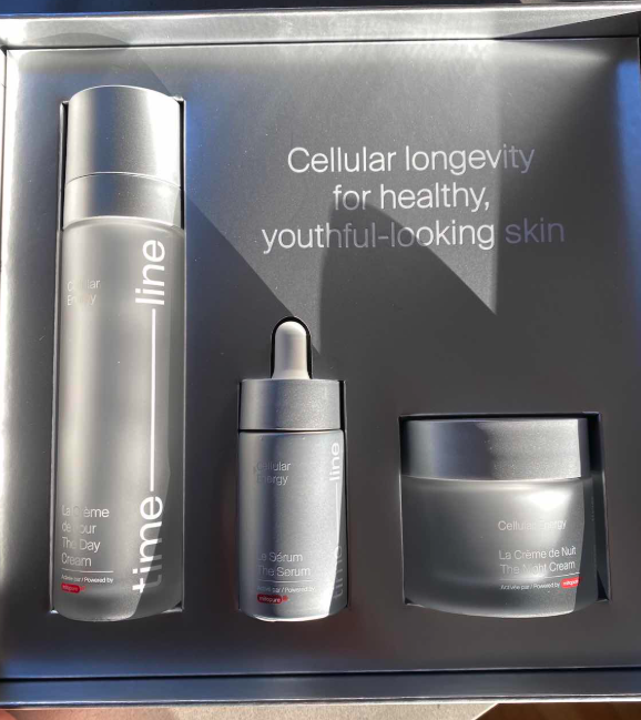 Timeline skincare line featuring day cream, serum, and night cream powered by Mitopure