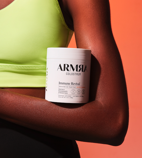ARMRA Colostrum immune revival supplement container shown for immune support, gut health, and cold and flu recovery