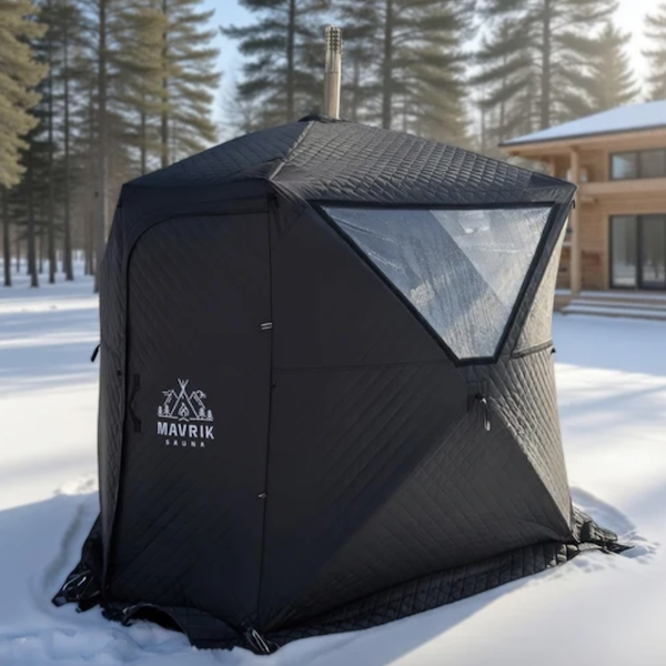 Mavrik tent sauna pitched outdoors in snow