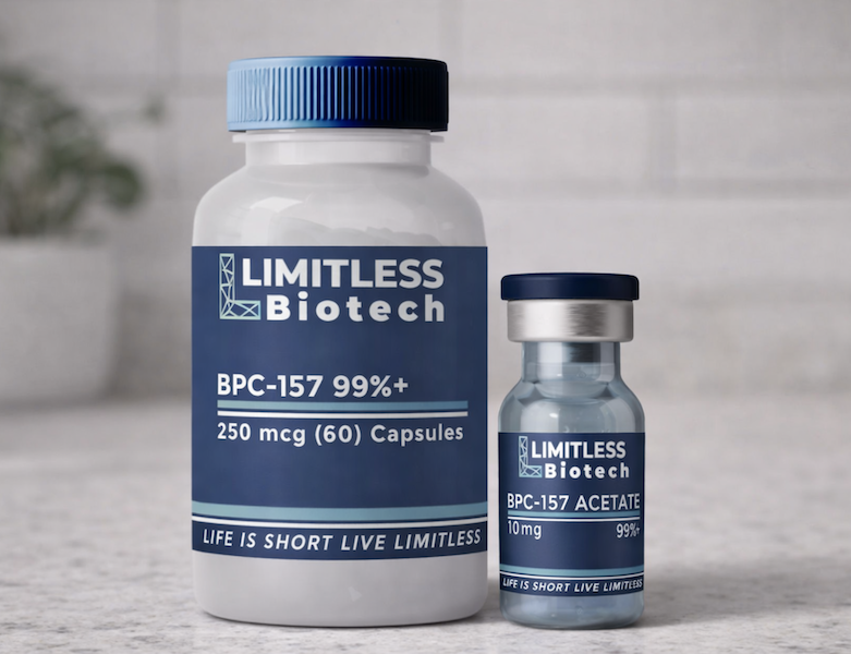Oral BPC-157 capsules and injectable BPC-157 peptide vial from Limitless Life Nootropics displayed side by side for gut healing and recovery support.