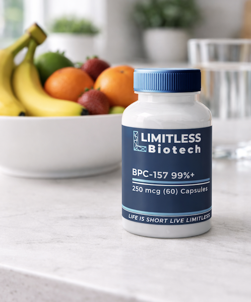 Oral BPC-157 capsules from Limitless Life Nootropics on a kitchen counter beside fresh fruit, representing gut health and digestive support.