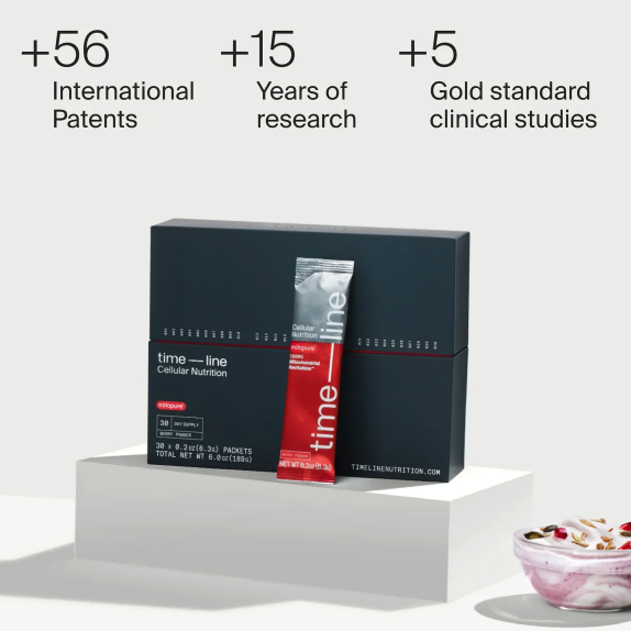 Timeline Nutrition Cellular Nutrition powder packets, 30 day supply, next to a smoothie bowl