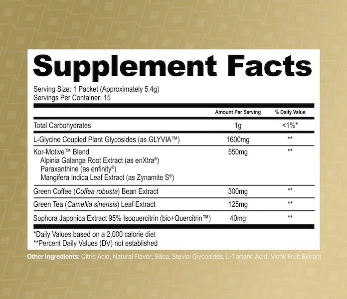 Korrect Edge Instant supplement facts label showing GLYVIA, Kor-Motive Blend with paraxanthine enfinity, enXtra, and Zynamite S