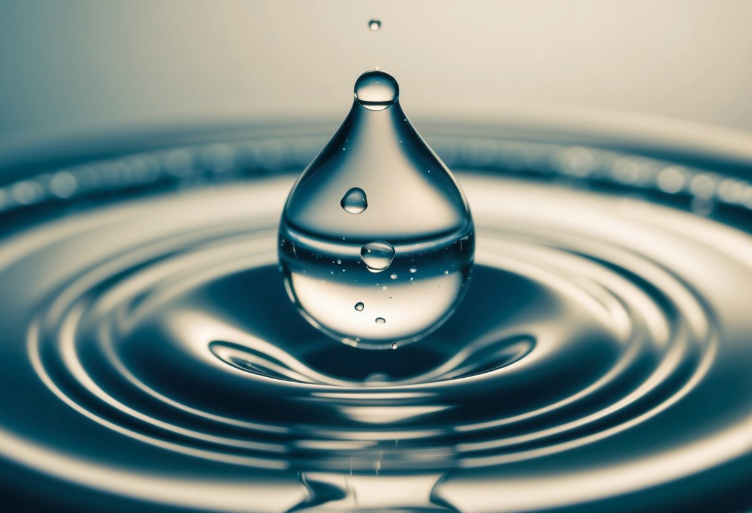 A single water droplet falling into rippling water