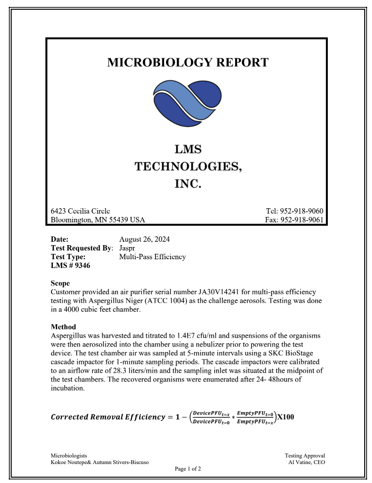 Microbiology report from LMS Technologies documenting third-party mold spore efficiency testing of the JASPR air purifier.