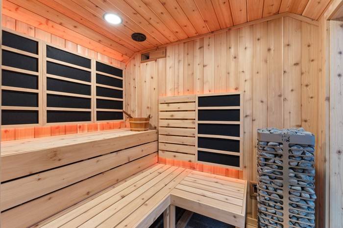 Sweaty Yeti sauna interior, full bench seating and heater