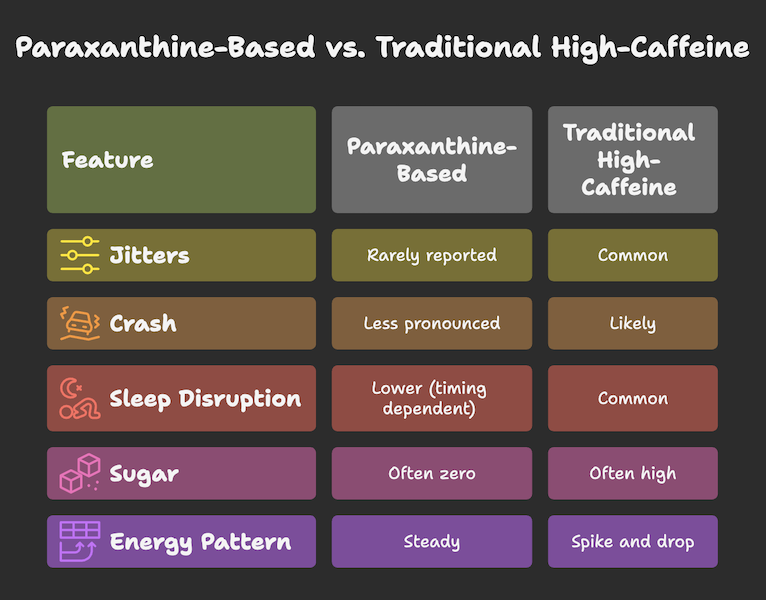 Comparison chart showing paraxanthine-based energy drinks versus traditional high-caffeine drinks, highlighting differences in jitters, crash, sleep disruption, sugar, and energy pattern.