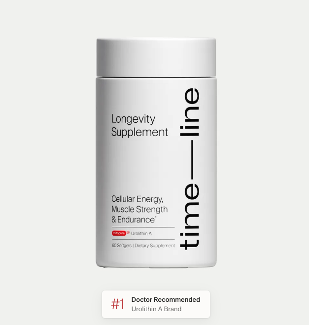 Timeline Nutrition Mitopure Longevity Supplement bottle, labeled the number 1 doctor recommended urolithin A brand
