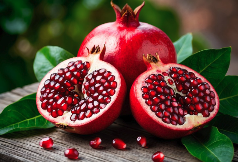 Fresh pomegranates cut open, a natural source of ellagitannins that gut bacteria convert into urolithin A