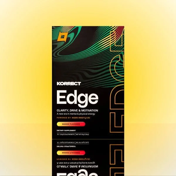 Korrect Edge Instant box and stick pack on a yellow background