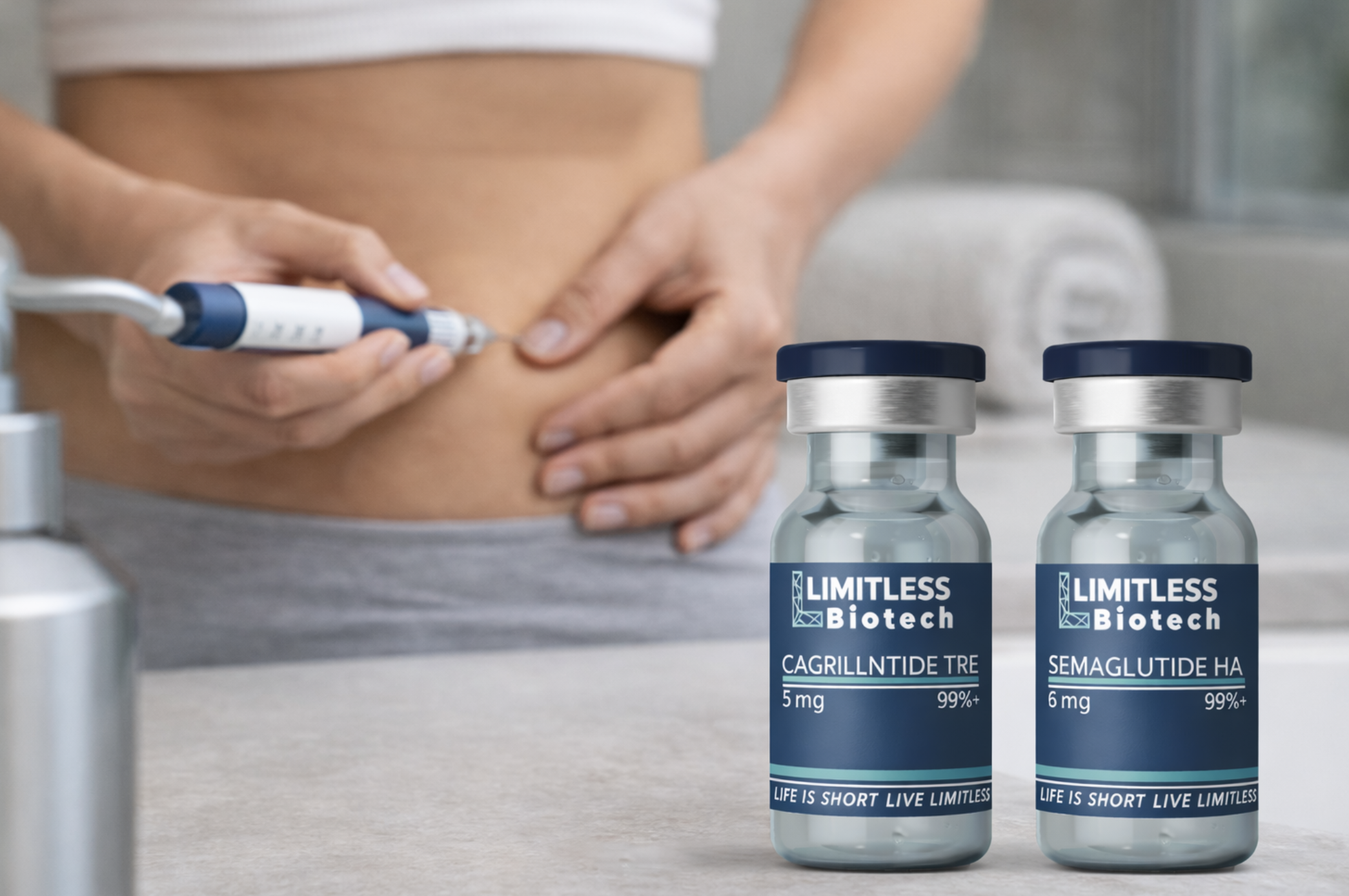 Person injecting a GLP-1 style pen injector into the abdomen with Cagrilintide and Semaglutide peptide vials from Limitless Life Nootropics shown in the foreground illustrating the CagriSema stacking approach for weight loss.