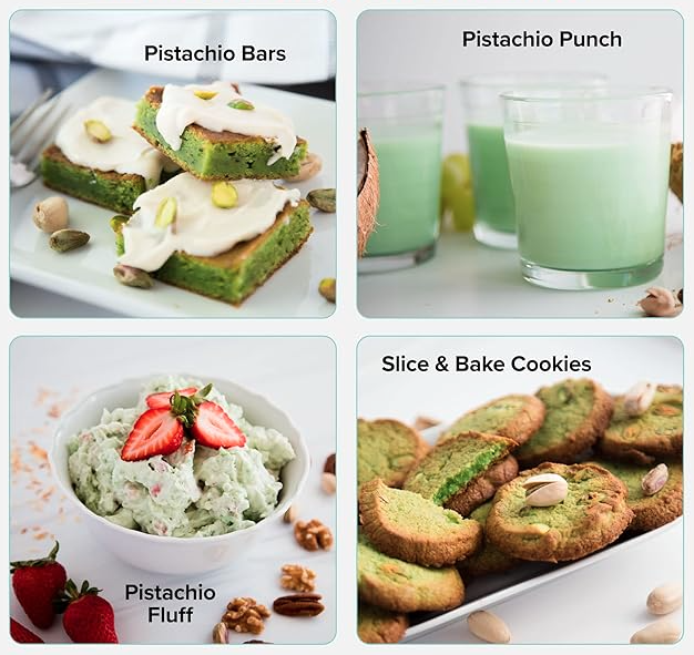 Four Pistachio Keto Chow recipes: pistachio bars, pistachio punch, pistachio fluff, and slice and bake cookies