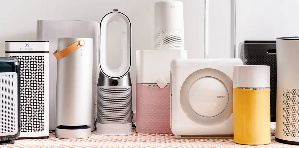 Modern air purifiers from leading brands displayed side by side for 2026 comparison including HEPA filtration models for home use.