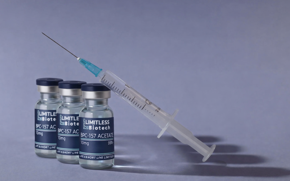 BPC-157 peptide vials from Limitless Life Nootropics with a syringe illustrating injectable BPC-157 used for tissue repair and injury recovery.