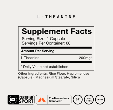 Momentous L-Theanine supplement bottle on a bedside surface