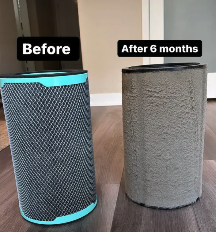 Before and after comparison of a JASPR air purifier filter after six months of use, showing captured dust and airborne particles.