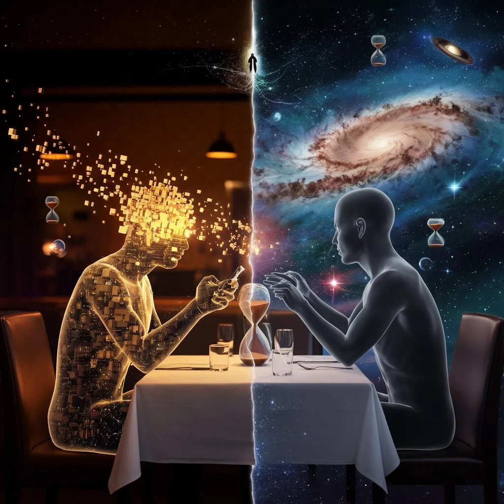 A person dissolving into digital fragments across a dinner table from a figure made of stars