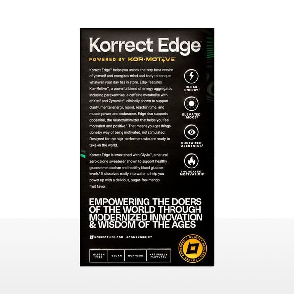 Korrect Edge packaging detail showing the ingredient and benefit panel