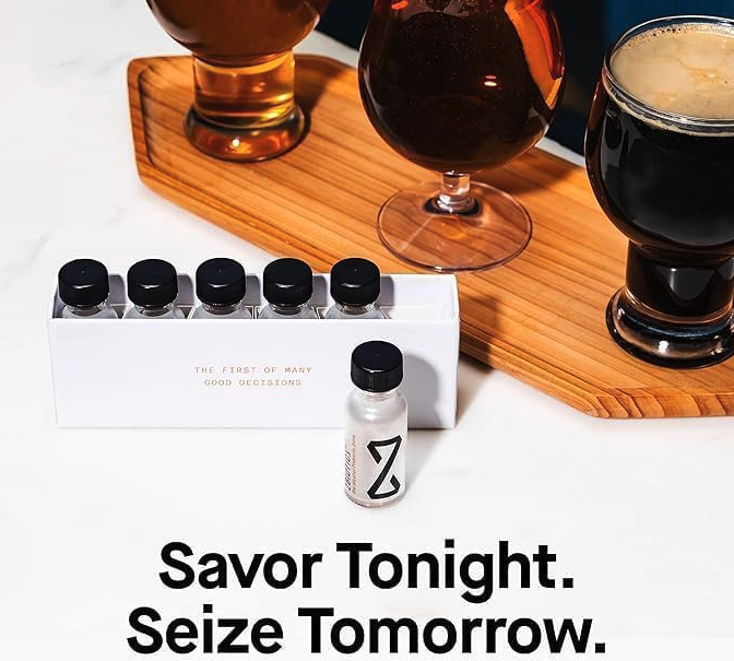 ZBiotics Pre-Alcohol bottles next to a beer flight, Savor Tonight Seize Tomorrow