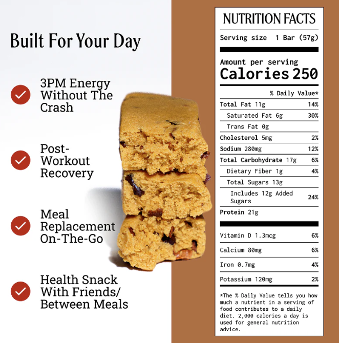 Prima protein bar nutrition facts label showing 250 calories, 21 grams of protein per bar, alongside a list of everyday use cases