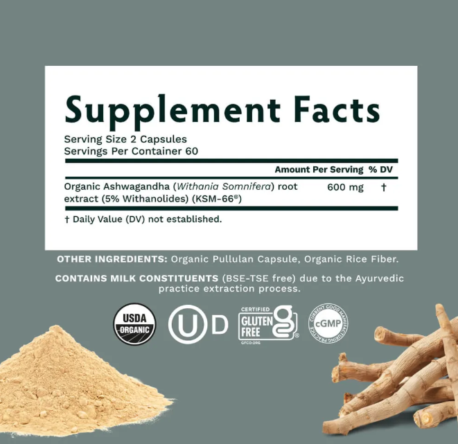 Tribe Organics Ashwagandha bottle label showing KSM-66 root extract