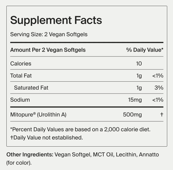 Timeline Nutrition Mitopure supplement facts label showing 500mg Urolithin A per serving