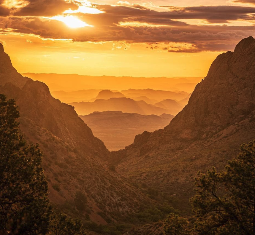 Golden sunset over a mountain pass in Big Bend National Park, Texas