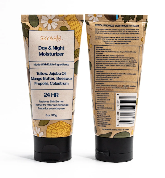 Sky and Sol day and night moisturizer front and back packaging showing tallow based clean skincare ingredients and daily hydration formula