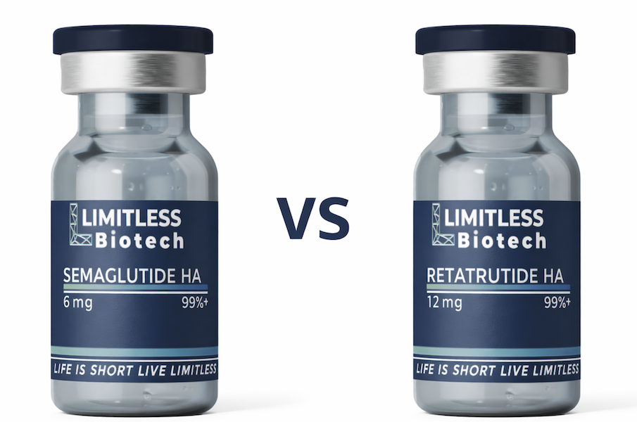 Semaglutide vs Retatrutide GLP-1 peptide bottles comparison for weight loss and metabolic health