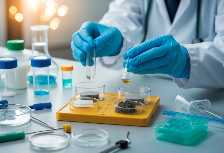 Laboratory technician conducting mold spore analysis during third-party air purifier performance testing.