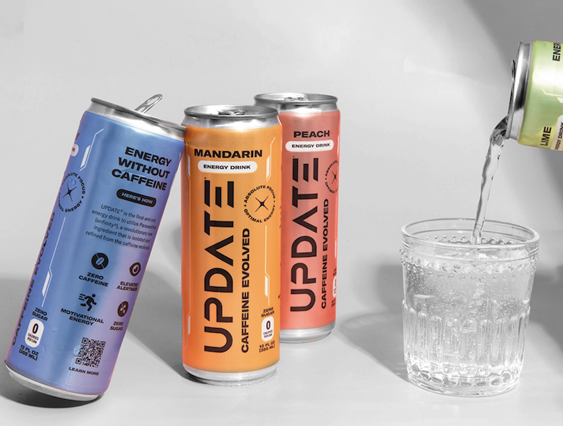 Update Energy paraxanthine drink cans in Mandarin and Peach being poured into a glass, labeled Energy Without Caffeine