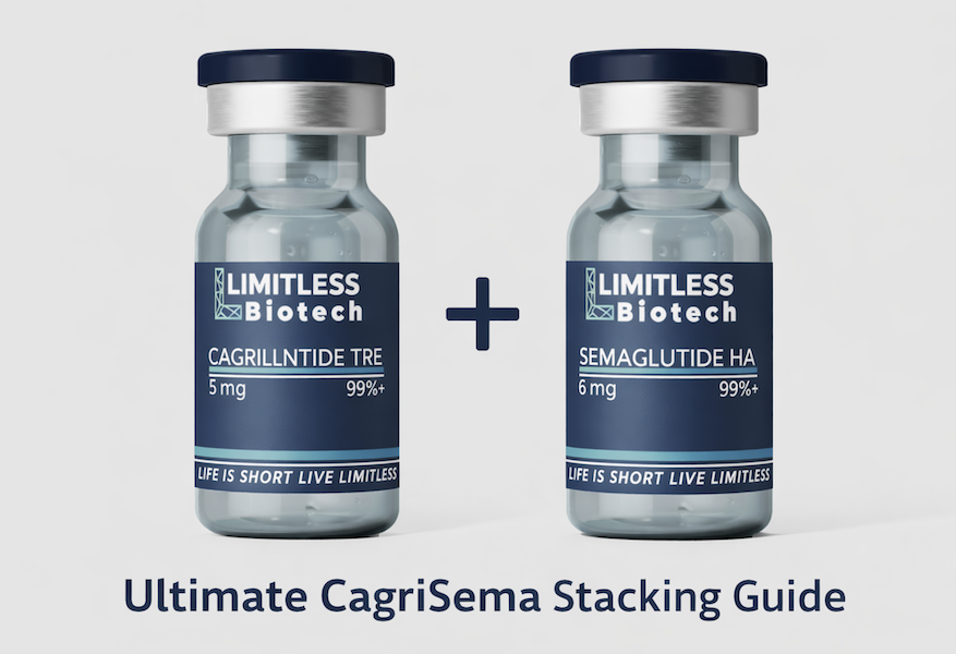 Cagrilintide and semaglutide peptide vials from Limitless Life Nootropics shown together to illustrate the CagriSema stacking strategy for weight loss.
