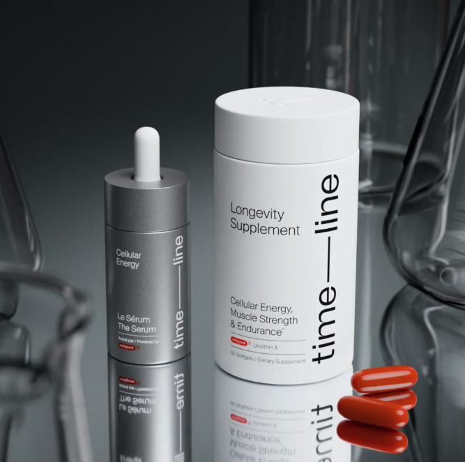 Timeline Nutrition Mitopure bottle, serum, and softgels among lab glassware