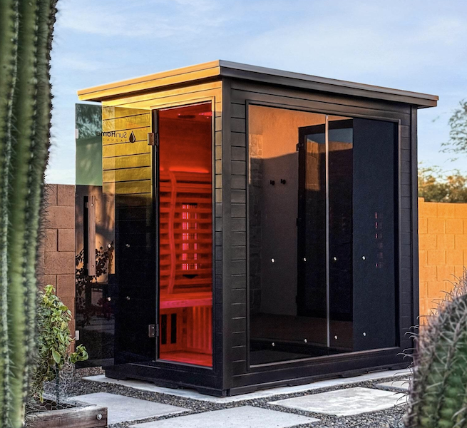Sun Home outdoor infrared sauna cabin with the door open