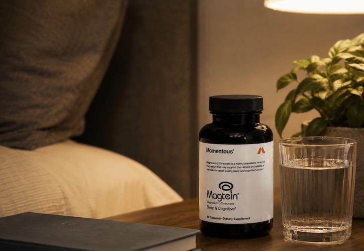 Momentous magnesium L threonate bottle as part of a bedside night routine for sleep support