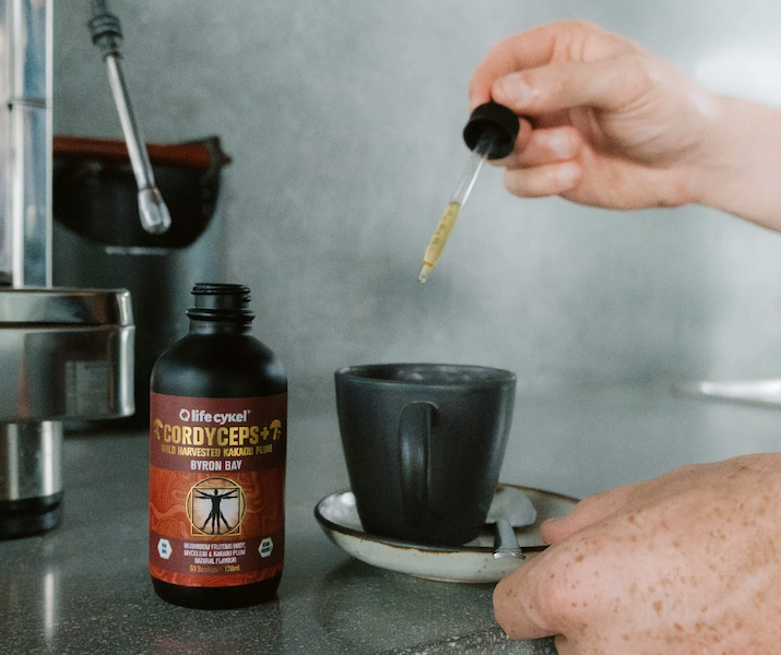 Life Cykel Cordyceps mushroom tincture added to coffee for energy and stamina