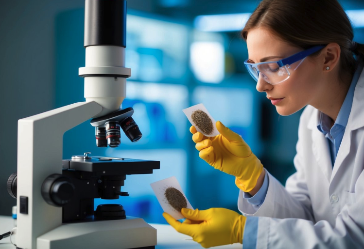 Laboratory researcher analyzing mold samples under a microscope during air purifier performance testing.