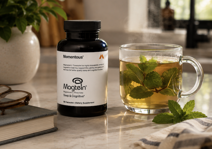Momentous magnesium L threonate supplement with peppermint tea for sleep support relaxation and nighttime wellness routine