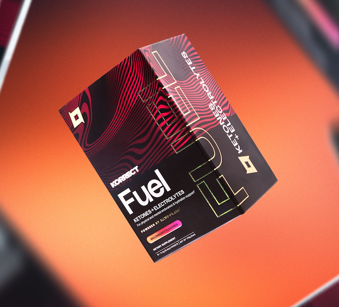 Korrect Fuel ketones and electrolytes supplement packet on an orange background.