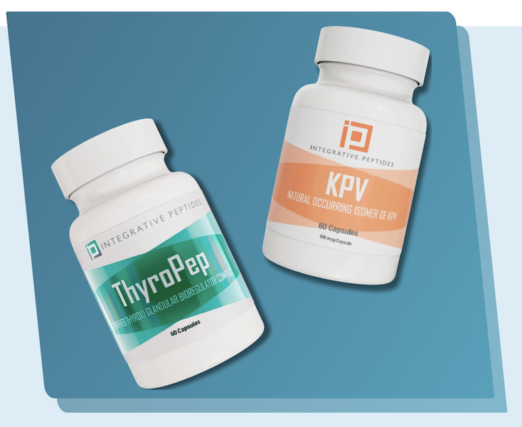 Two Integrative Peptides supplement bottles labeled ThyroPep and KPV displayed on a blue background.