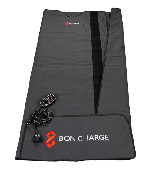 Bon Charge infrared sauna blanket laid flat showing controller and Velcro closure
