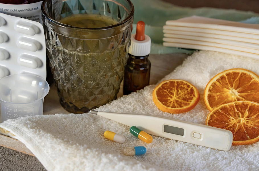 Natural cold and flu remedies with vitamins and herbal tea for immune support
