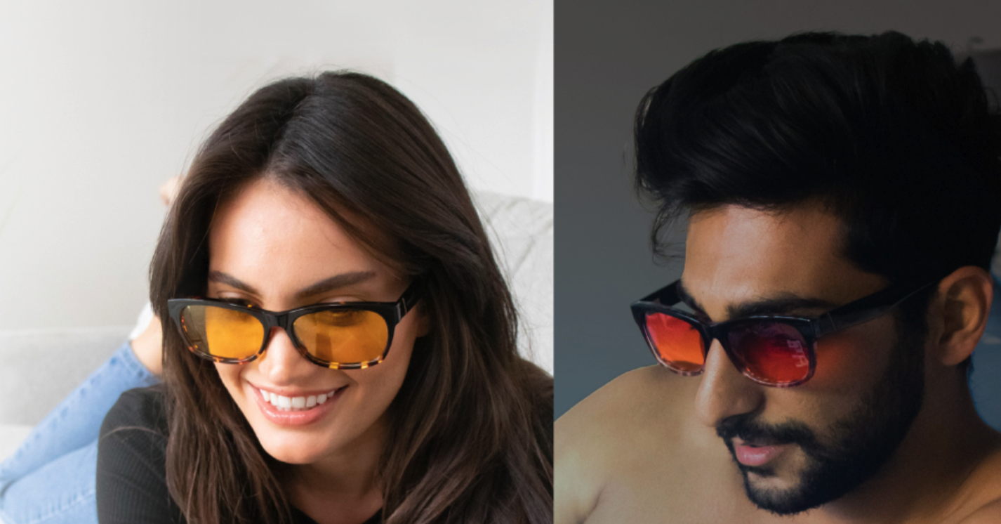 TrueDark blue light blocking glasses in amber and red lens versions