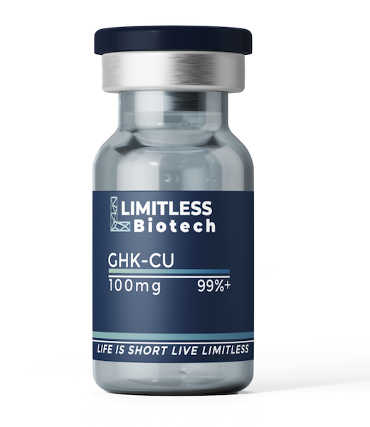 GHK-CU copper peptide vial from Limitless Life Nootropics used for collagen stimulation, skin regeneration, and anti-aging peptide therapy