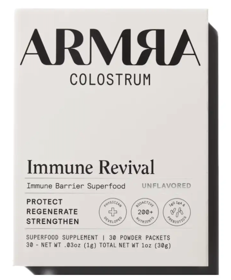 ARMRA Colostrum Immune Revival supplement packaging for gut health, immune support, and IBD digestive support