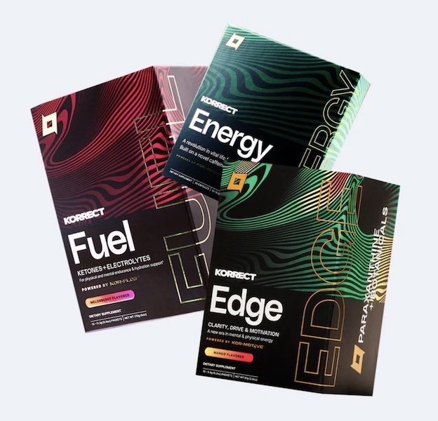Korrect Life Energy, Fuel, and Edge supplement packaging displayed together.