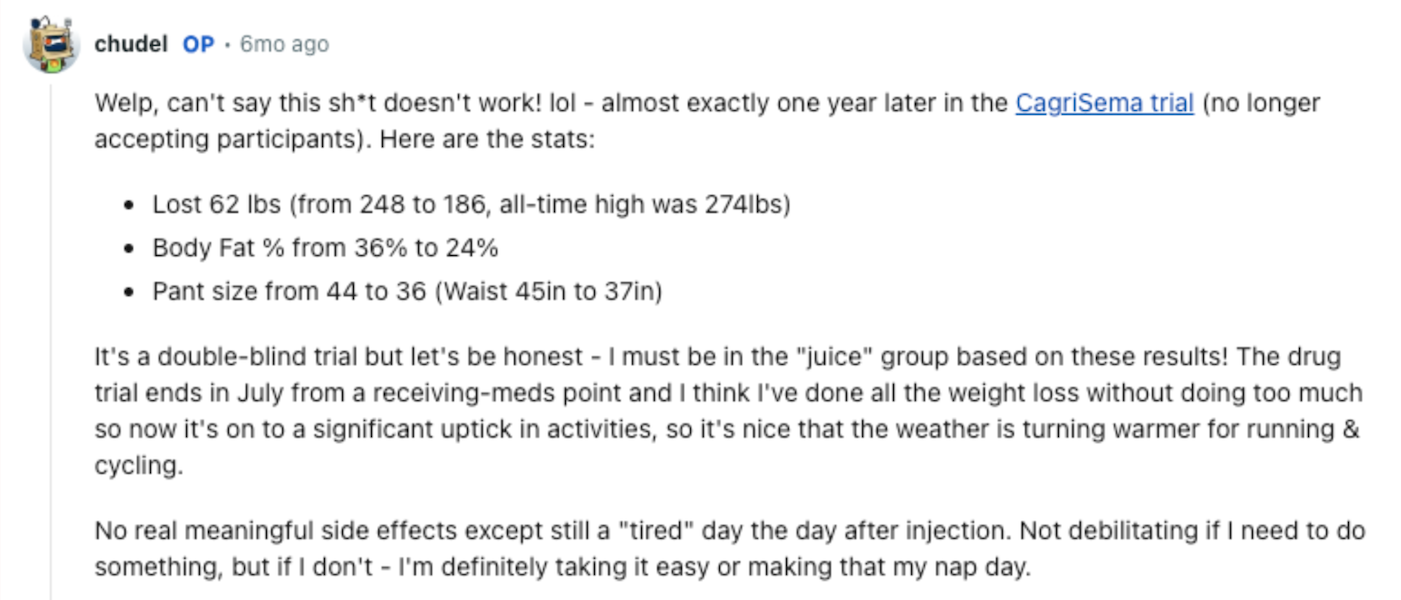 Screenshot showing reported weight loss results from a CagriSema clinical trial combining cagrilintide and semaglutide, highlighting reductions in body weight, body fat percentage, and waist size.